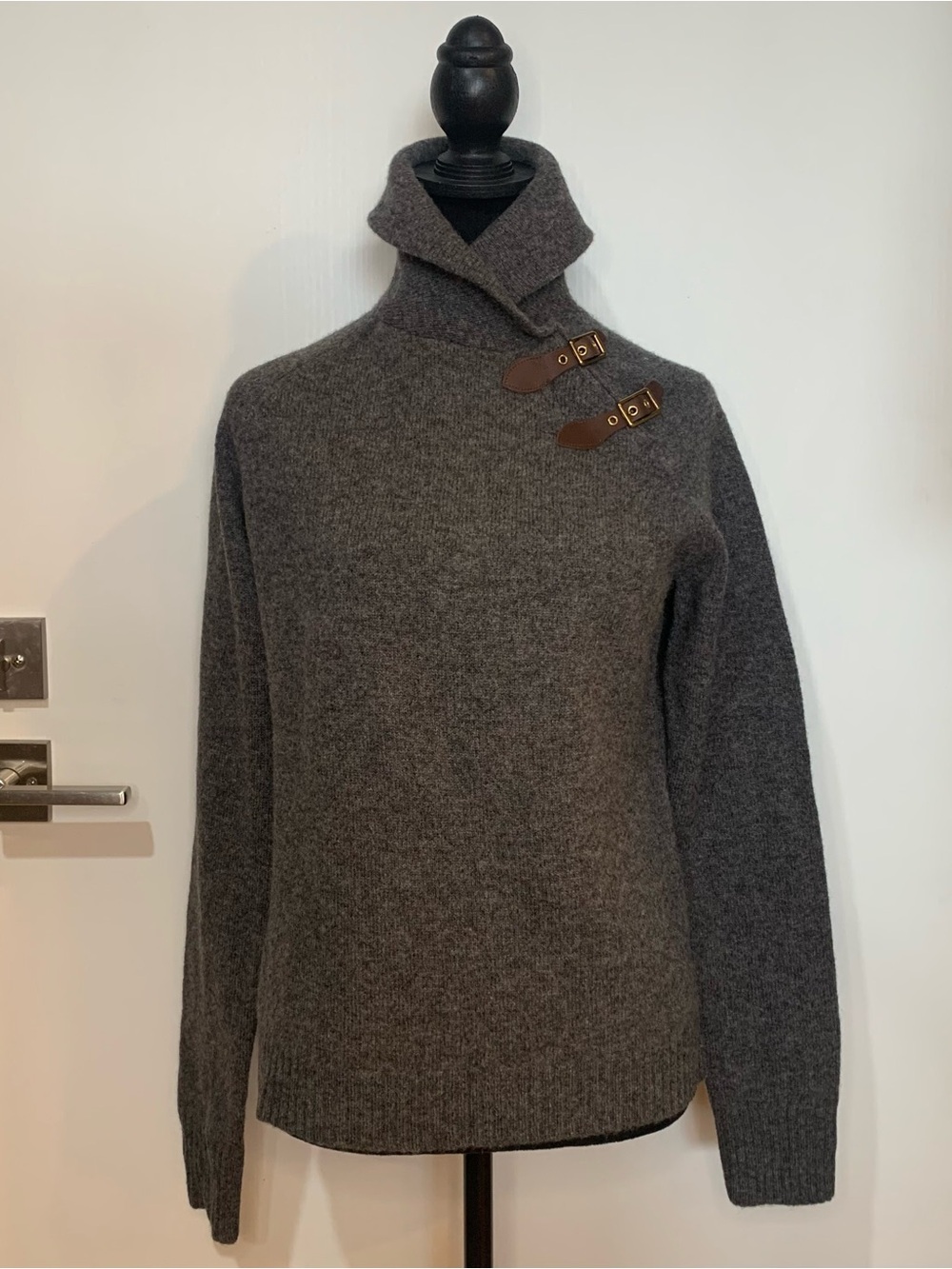 Lauren Ralph Lauren 100% Lambswool Medium Gray Funnel Neck Toggle Sweater